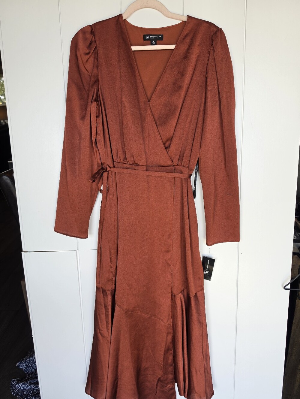 Elegant Rust Satin Midi Wrap Dress